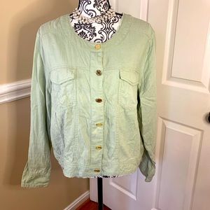Ellen Tracy linen button up jacket, Sage green/tan, size XL